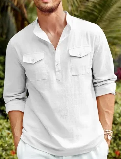 Men's Shirt Linen Shirt Casual Shirt Beach Shirt Black White Blue Long Sleeve Plain Stand Collar Spring & Summer Hawaiian Holiday Clothing Apparel Basic