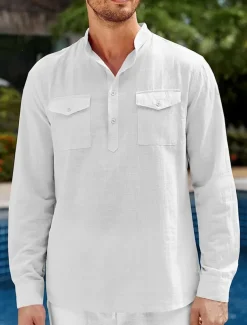 Men's Shirt Linen Shirt Casual Shirt Beach Shirt Black White Blue Long Sleeve Plain Stand Collar Spring & Summer Hawaiian Holiday Clothing Apparel Basic