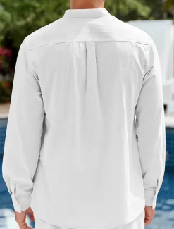 Men's Shirt Linen Shirt Casual Shirt Beach Shirt Black White Blue Long Sleeve Plain Stand Collar Spring & Summer Hawaiian Holiday Clothing Apparel Basic