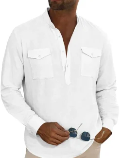 Men's Shirt Linen Shirt Casual Shirt Beach Shirt Black White Blue Long Sleeve Plain Stand Collar Spring & Summer Hawaiian Holiday Clothing Apparel Basic