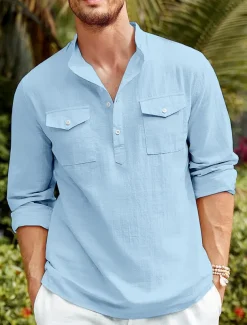 Men's Shirt Linen Shirt Casual Shirt Beach Shirt Black White Blue Long Sleeve Plain Stand Collar Spring & Summer Hawaiian Holiday Clothing Apparel Basic