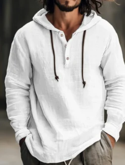 Men's Shirt Linen Shirt Calico Shirt Hooded Shirt Stripes Casual Daily White Blue Brown Green Long Sleeve Hooded Spring & Summer Clothing Apparel