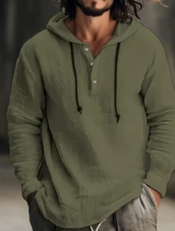 Men's Shirt Linen Shirt Calico Shirt Hooded Shirt Stripes Casual Daily White Blue Brown Green Long Sleeve Hooded Spring & Summer Clothing Apparel