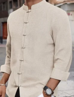 Men's Shirt Linen Shirt Chinese Collar Shirt Mandarin Collar Shirt Casual Shirt Cotton Linen Shirt Plain Vacation Casual Black White Pink Wine Long Sleeve Grandad Collar Spring & Summer Clothing