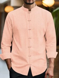 Men's Shirt Linen Shirt Chinese Collar Shirt Mandarin Collar Shirt Casual Shirt Cotton Linen Shirt Plain Vacation Casual Black White Pink Wine Long Sleeve Grandad Collar Spring & Summer Clothing