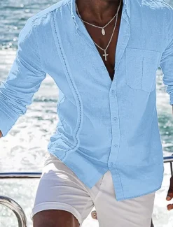 Men's Shirt Linen Shirt Cotton Linen Shirt Summer Shirt Beach Shirt Button Up Shirt Plain Casual Daily Black White Navy Blue Blue Long Sleeve Turndown Spring & Summer Clothing Apparel