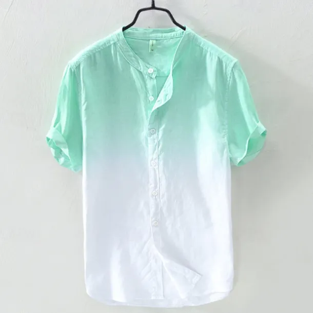 Men's Shirt Linen Shirt Cotton Linen Shirt Chinese Collar Shirt Mandarin Collar Shirt Summer Shirt Gradient Vacation Street Yellow Orange Green Light Blue Short Sleeve Grandad Collar Summer Clothing