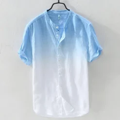 Men's Shirt Linen Shirt Cotton Linen Shirt Chinese Collar Shirt Mandarin Collar Shirt Summer Shirt Gradient Vacation Street Yellow Orange Green Light Blue Short Sleeve Grandad Collar Summer Clothing