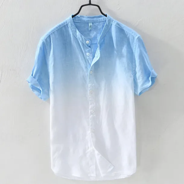 Men's Shirt Linen Shirt Cotton Linen Shirt Chinese Collar Shirt Mandarin Collar Shirt Summer Shirt Gradient Vacation Street Yellow Orange Green Light Blue Short Sleeve Grandad Collar Summer Clothing