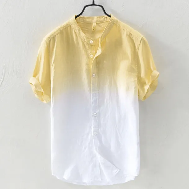 Men's Shirt Linen Shirt Cotton Linen Shirt Chinese Collar Shirt Mandarin Collar Shirt Summer Shirt Gradient Vacation Street Yellow Orange Green Light Blue Short Sleeve Grandad Collar Summer Clothing