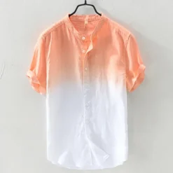 Men's Shirt Linen Shirt Cotton Linen Shirt Chinese Collar Shirt Mandarin Collar Shirt Summer Shirt Gradient Vacation Street Yellow Orange Green Light Blue Short Sleeve Grandad Collar Summer Clothing