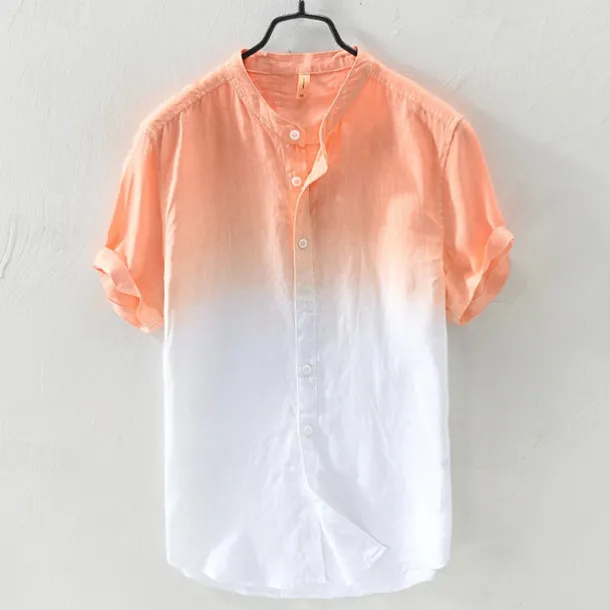 Men's Shirt Linen Shirt Cotton Linen Shirt Chinese Collar Shirt Mandarin Collar Shirt Summer Shirt Gradient Vacation Street Yellow Orange Green Light Blue Short Sleeve Grandad Collar Summer Clothing
