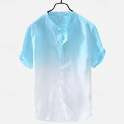 Men's Shirt Linen Shirt Cotton Linen Shirt Chinese Collar Shirt Mandarin Collar Shirt Summer Shirt Gradient Vacation Street Yellow Orange Green Light Blue Short Sleeve Grandad Collar Summer Clothing