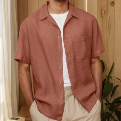 Men's Shirt Linen Shirt Cuban Collar Shirt Black Blue Brown Green Short Sleeve Solid Color Spring & Summer Street Daily Clothing Apparel