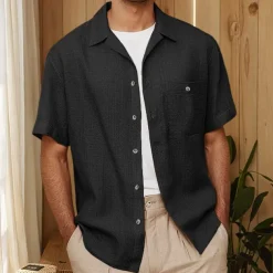 Men's Shirt Linen Shirt Cuban Collar Shirt Black Blue Brown Green Short Sleeve Solid Color Spring & Summer Street Daily Clothing Apparel