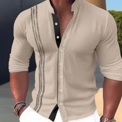Men's Shirt Linen Shirt Embroidered Button Up Shirt Casual Shirt Summer Shirt Beach Shirt Black White Pink Long Sleeve Standing Collar Spring & Summer Casual Daily Clothing Apparel Embroidered