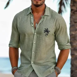 Men's Shirt Linen Shirt Green Long Sleeve Graphic Trees / Leaves Turndown Shirt Collar Outdoor Causal Button Clothing Apparel