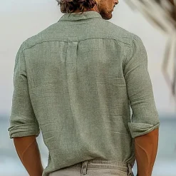 Men's Shirt Linen Shirt Green Long Sleeve Graphic Trees / Leaves Turndown Shirt Collar Outdoor Causal Button Clothing Apparel