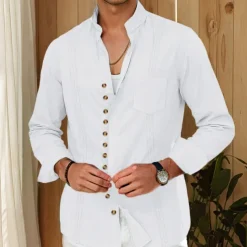 Men's Shirt Linen Shirt Guayabera Shirt Summer Shirt Casual Shirt Button Up Shirt Plain Home Daily White Pink Khaki Light Blue Long Sleeve Band Collar Summer Spring & Fall Clothing Apparel
