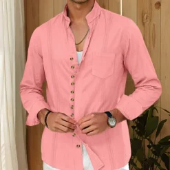 Men's Shirt Linen Shirt Guayabera Shirt Summer Shirt Casual Shirt Button Up Shirt Plain Home Daily White Pink Khaki Light Blue Long Sleeve Band Collar Summer Spring & Fall Clothing Apparel