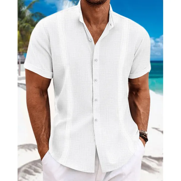 Men's Shirt Linen Shirt Guayabera Shirt Band Collar Shirt Summer Shirt Beach Wear Plain Vacation Curise Black White Blue Green Short Sleeve Collar Summer Clothing Apparel