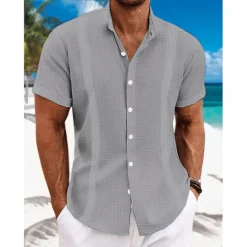 Men's Shirt Linen Shirt Guayabera Shirt Band Collar Shirt Summer Shirt Beach Wear Plain Vacation Curise Black White Blue Green Short Sleeve Collar Summer Clothing Apparel