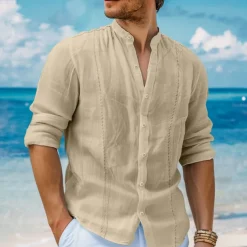 Men's Shirt Linen Shirt Guayabera Shirt Band Collar Shirt Summer Shirt Beach Shirt Plain Vacation Curise White Navy Blue Green Khaki Long Sleeve Band Collar Spring & Summer Clothing Apparel
