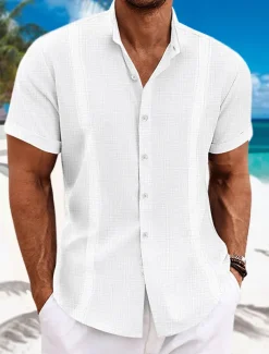 Men's Shirt Linen Shirt Guayabera Shirt Summer Shirt Beach Shirt Button Up Shirt Plain Casual Daily Black White Blue Green Short Sleeve Collar Summer Clothing Apparel