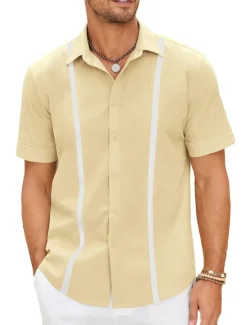 Men's Shirt Linen Shirt Guayabera Shirt Summer Shirt Beach Shirt Button Up Shirt Color Block Vacation Casual Navy Blue Blue Khaki Short Sleeve Turndown Summer Clothing Apparel