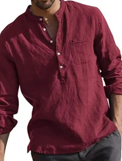 Men's Shirt Linen Shirt Maroon Shirt Solid Color V Neck White Black Gray Wine Army Green Long Sleeve Daily Vacation collared shirts Tops Streetwear Casual Chinoiserie