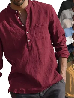 Men's Shirt Linen Shirt Maroon Shirt Solid Color V Neck White Black Gray Wine Army Green Long Sleeve Daily Vacation collared shirts Tops Streetwear Casual Chinoiserie