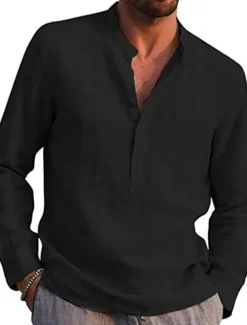 Men's Shirt Linen Shirt Maroon Shirt Solid Color V Neck White Black Gray Wine Army Green Long Sleeve Daily Vacation collared shirts Tops Streetwear Casual Chinoiserie