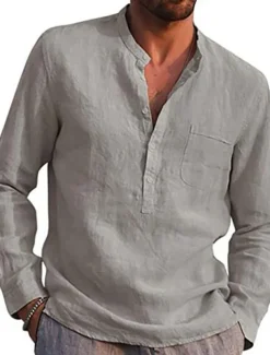 Men's Shirt Linen Shirt Maroon Shirt Solid Color V Neck White Black Gray Wine Army Green Long Sleeve Daily Vacation collared shirts Tops Streetwear Casual Chinoiserie