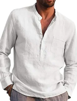 Men's Shirt Linen Shirt Maroon Shirt Solid Color V Neck White Black Gray Wine Army Green Long Sleeve Daily Vacation collared shirts Tops Streetwear Casual Chinoiserie