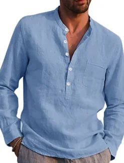 Men's Shirt Linen Shirt Maroon Shirt Solid Color V Neck White Black Gray Wine Army Green Long Sleeve Daily Vacation collared shirts Tops Streetwear Casual Chinoiserie