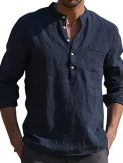 Men's Shirt Linen Shirt Maroon Shirt Solid Color V Neck White Black Gray Wine Army Green Long Sleeve Daily Vacation collared shirts Tops Streetwear Casual Chinoiserie