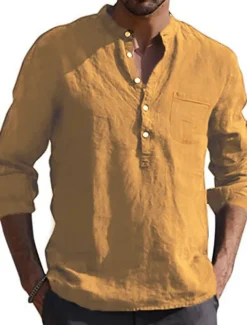 Men's Shirt Linen Shirt Maroon Shirt Solid Color V Neck White Black Gray Wine Army Green Long Sleeve Daily Vacation collared shirts Tops Streetwear Casual Chinoiserie