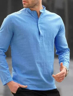 Men's Shirt Linen Shirt Popover Shirt Summer Shirt Beach Shirt Black White Blue Long Sleeve Plain Henley Spring & Summer Casual Daily Clothing Apparel