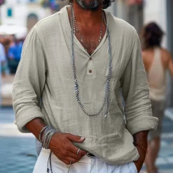 Men's Shirt Linen Shirt Popover Shirt Summer Shirt Beach Wear Plain Vacation Casual Black Khaki Light Blue Long Sleeve Collar Spring & Summer Clothing Apparel