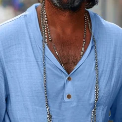 Men's Shirt Linen Shirt Popover Shirt Summer Shirt Beach Wear Plain Vacation Casual Black Khaki Light Blue Long Sleeve Collar Spring & Summer Clothing Apparel