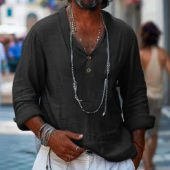 Men's Shirt Linen Shirt Popover Shirt Summer Shirt Beach Wear Plain Vacation Casual Black Khaki Light Blue Long Sleeve Collar Spring & Summer Clothing Apparel