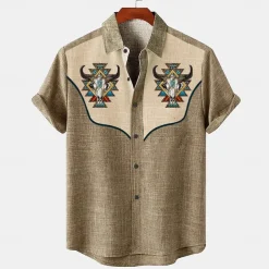 Men's Shirt Linen Shirt Retro Shirts Vintage Shirt Ethnic Shirt Western Work Causal Blue Green khaki Short Sleeve Turndown Summer Spring Clothing Apparel