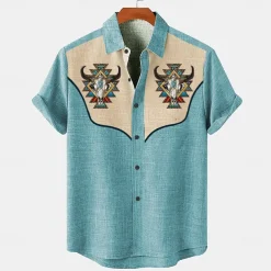 Men's Shirt Linen Shirt Retro Shirts Vintage Shirt Ethnic Shirt Western Work Causal Blue Green khaki Short Sleeve Turndown Summer Spring Clothing Apparel