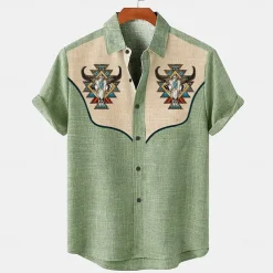 Men's Shirt Linen Shirt Retro Shirts Vintage Shirt Ethnic Shirt Western Work Causal Blue Green khaki Short Sleeve Turndown Summer Spring Clothing Apparel