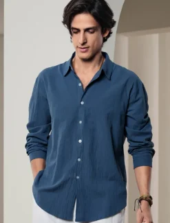 Men's Shirt Linen Shirt Solid Color Casual Daily White Pink Navy Blue Blue Long Sleeve Collar Spring & Summer Clothing Apparel Button-Down