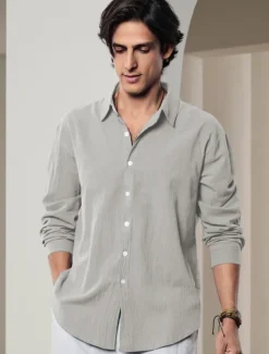 Men's Shirt Linen Shirt Solid Color Casual Daily White Pink Navy Blue Blue Long Sleeve Collar Spring & Summer Clothing Apparel Button-Down