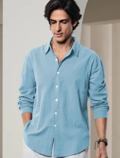 Men's Shirt Linen Shirt Solid Color Casual Daily White Pink Navy Blue Blue Long Sleeve Collar Spring & Summer Clothing Apparel Button-Down