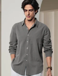 Men's Shirt Linen Shirt Solid Color Casual Daily White Pink Navy Blue Blue Long Sleeve Collar Spring & Summer Clothing Apparel Button-Down