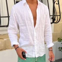 Men's Shirt Linen Shirt Summer Shirt Beach Shirt White Pink Blue Long Sleeve Plain Lapel Spring & Summer Casual Daily Clothing Apparel