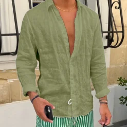 Men's Shirt Linen Shirt Summer Shirt Beach Shirt White Pink Blue Long Sleeve Plain Lapel Spring & Summer Casual Daily Clothing Apparel